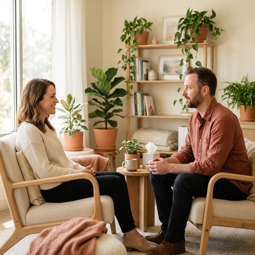 Couples and family therapy session in a warm, welcoming office