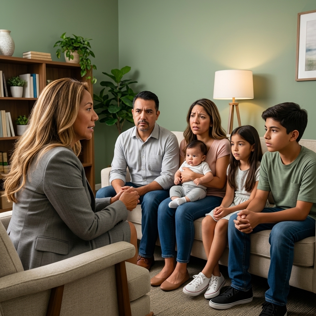 Concerned Latino family in a therapy session discussing immigration challenges
